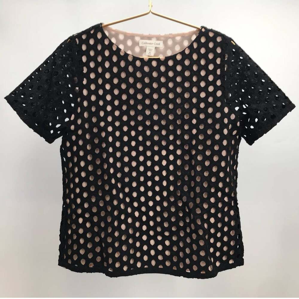 Coldwater Creek Black Eyelet Short Sleeve Cut Out Blouse Size XS 4-6